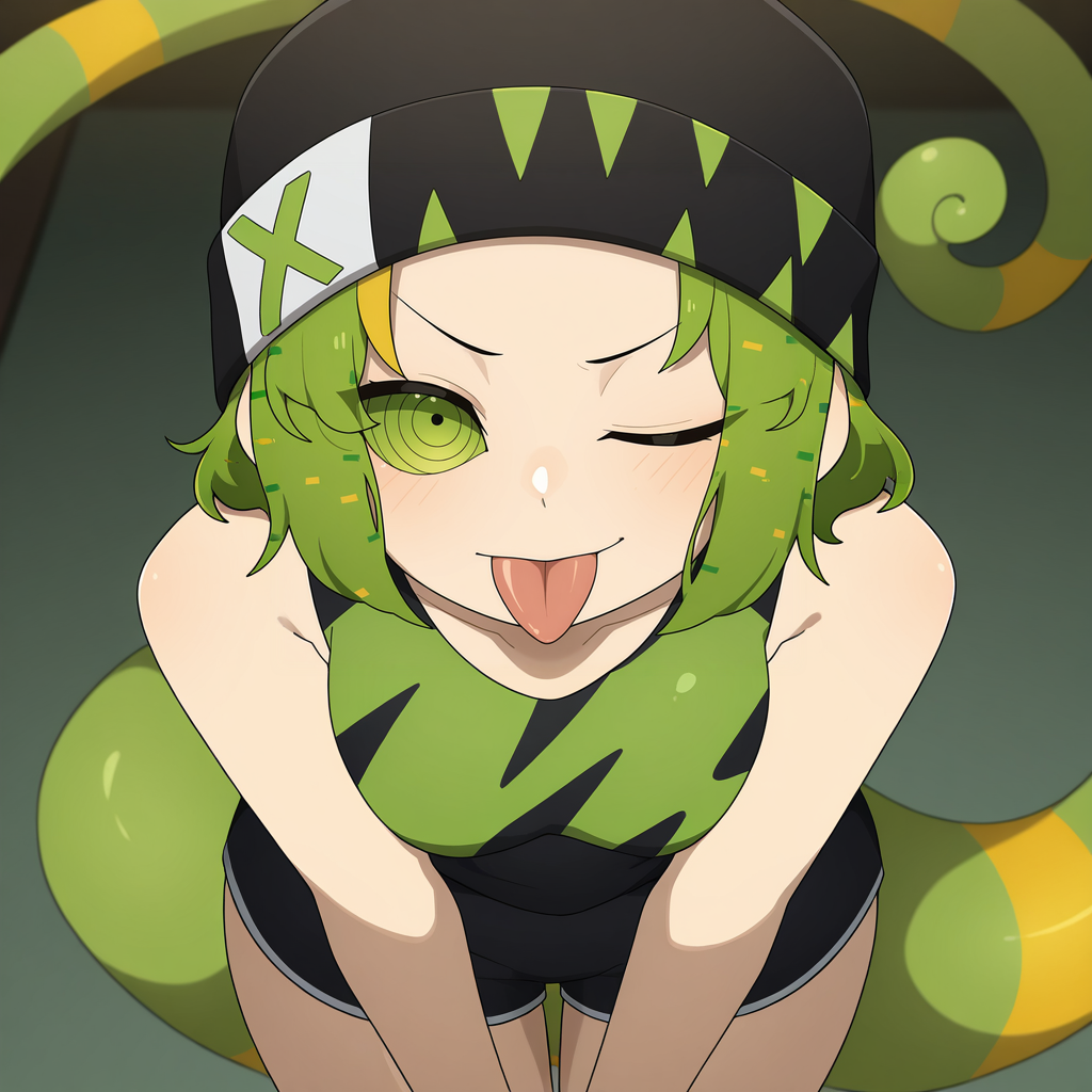 1girl, solo,
absurdres, high quality, masterpiece, anime screencap, 8k, absurd res, cinematic lighting,
detailed face,
from above, one eye closed, 
<lora:ChameleonZero:1> chameleonzero, green hair, green eyes, tail, hat, tongue out,