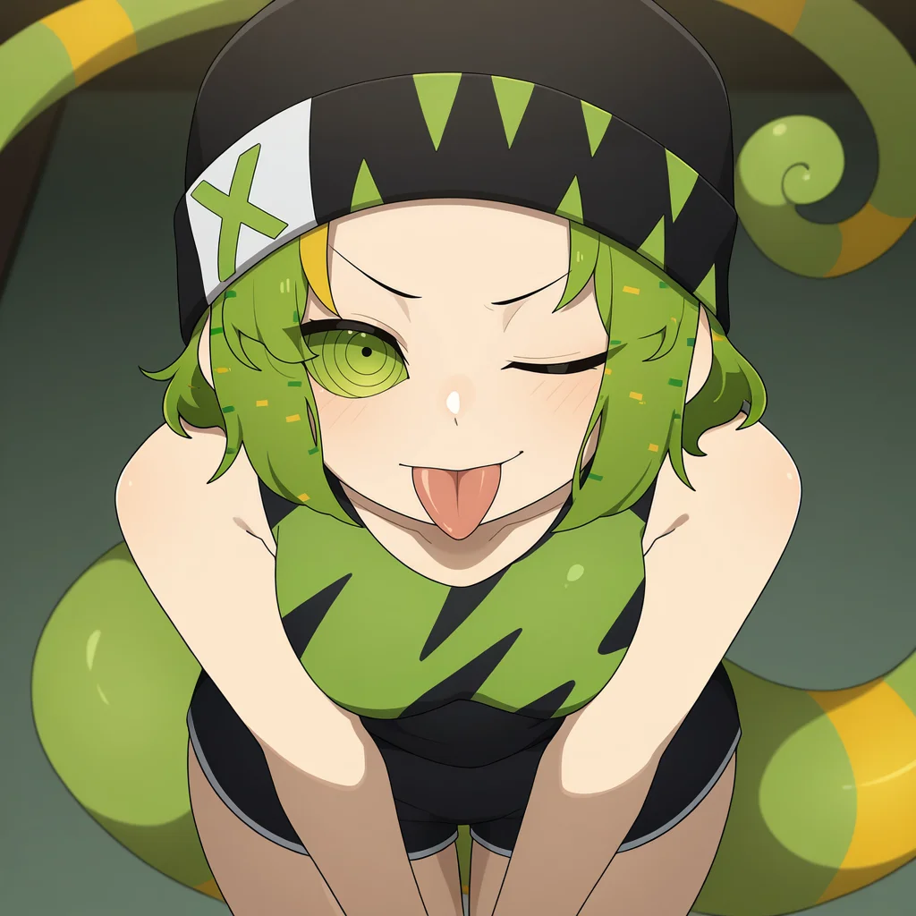1girl, solo,
absurdres, high quality, masterpiece, anime screencap, 8k, absurd res, cinematic lighting,
detailed face,
from above, one eye closed,
<lora:ChameleonZero:1> chameleonzero, green hair, green eyes, tail, hat, tongue out,