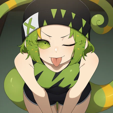 1girl, solo,
absurdres, high quality, masterpiece, anime screencap, 8k, absurd res, cinematic lighting,
detailed face,
from above, one eye closed,
<lora:ChameleonZero:1> chameleonzero, green hair, green eyes, tail, hat, tongue out,