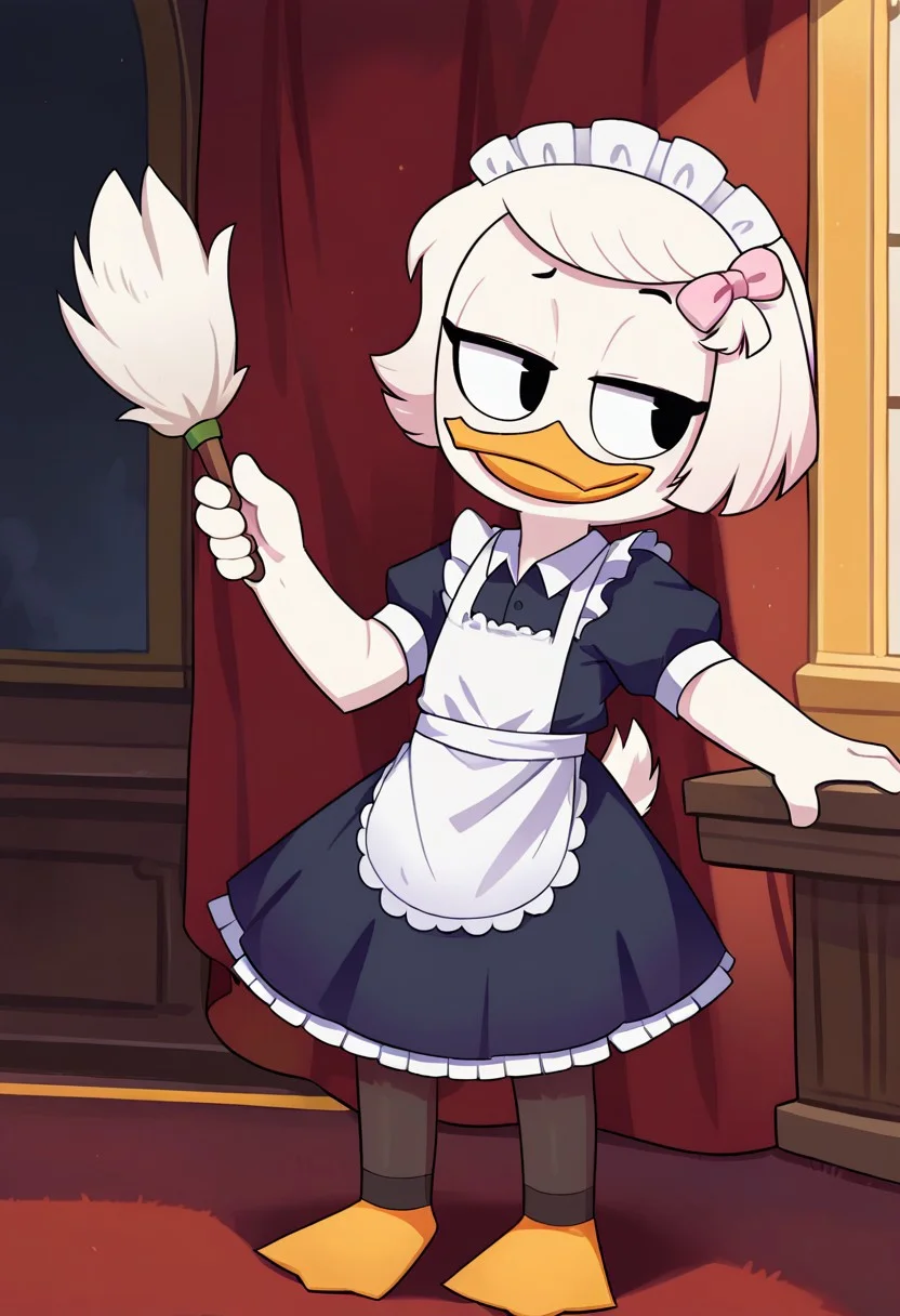 score_9, score_8_up, score_7_up, score_6_up, best quality, highres, source_furry, BREAK
by mizumizuni BREAK
1girl, solo , furry, mansion, inside, female, duck, beak, webby vanderquack, young, child, white skin, white hair, short hair, black eyes, garter straps, pantyhose, toeless legwear, maid uniform, maid headdress, maid apron, frilly, feather duster, pink clothing (smug) <lora:ponyxl-mizumizuni-style-v03:0.7> <lora:Webby_Vanderquack:1>