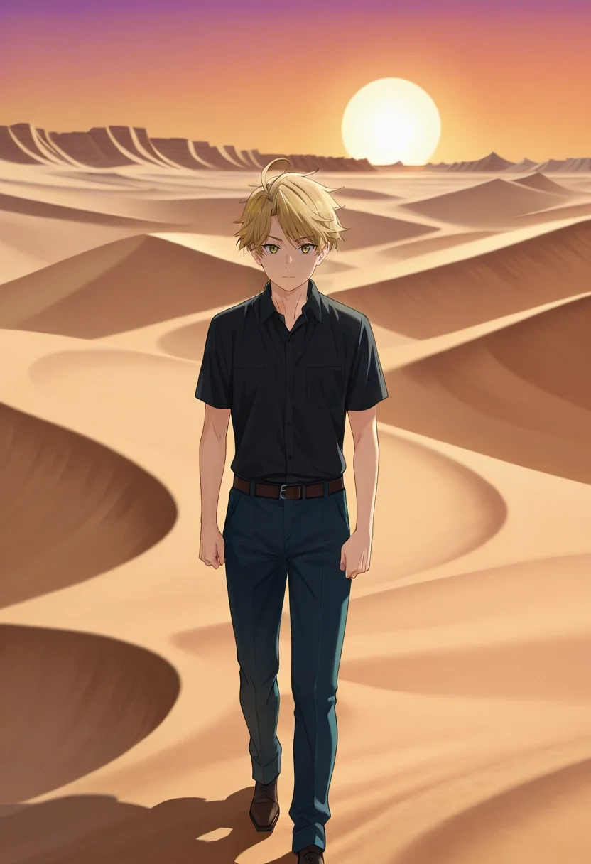 masterpiece, best quality, , (realistic:0.6), , 1boy, solo, male focus, <lora:yuuma_nikaidou_ilxl:1>, yuuma_nikaidou, blonde hair, yellow eyes, short hair, ahoge, desert, sand dune, sunset, oasis, wind, shadow, horizon, standing on dune, shielding eyes, determined look,