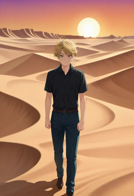 masterpiece, best quality, , (realistic:0.6), , 1boy, solo, male focus, <lora:yuuma_nikaidou_ilxl:1>, yuuma_nikaidou, blonde hair, yellow eyes, short hair, ahoge, desert, sand dune, sunset, oasis, wind, shadow, horizon, standing on dune, shielding eyes, determined look,
