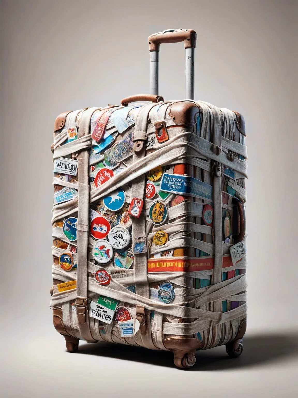 A weathered ais-bndgs suitcase overflowing with colorful travel stickers <lora:ais-bndgs-sdxl:1>
