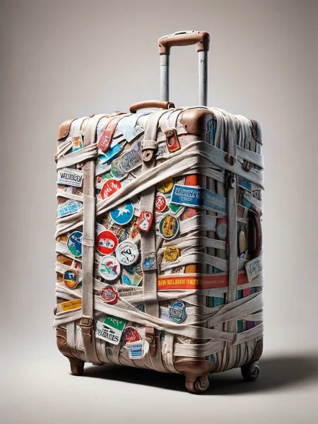 A weathered ais-bndgs suitcase overflowing with colorful travel stickers <lora:ais-bndgs-sdxl:1>