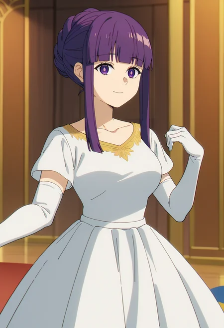 score_9, score_8_up, score_7_up,
<lora:SousouNoFrieren_FernXL:0.9>, FernSSnF,
1girl, solo, closed mouth, light smile,
alternate hairstyle, purple hair, sidelocks, purple eyes, bright pupils, blunt bangs,
FernDance, white dress, short sleeves, collarbone, elbow gloves, medium breasts,
looking at the viewer, dancing,
indoors, dance hall, ballroom