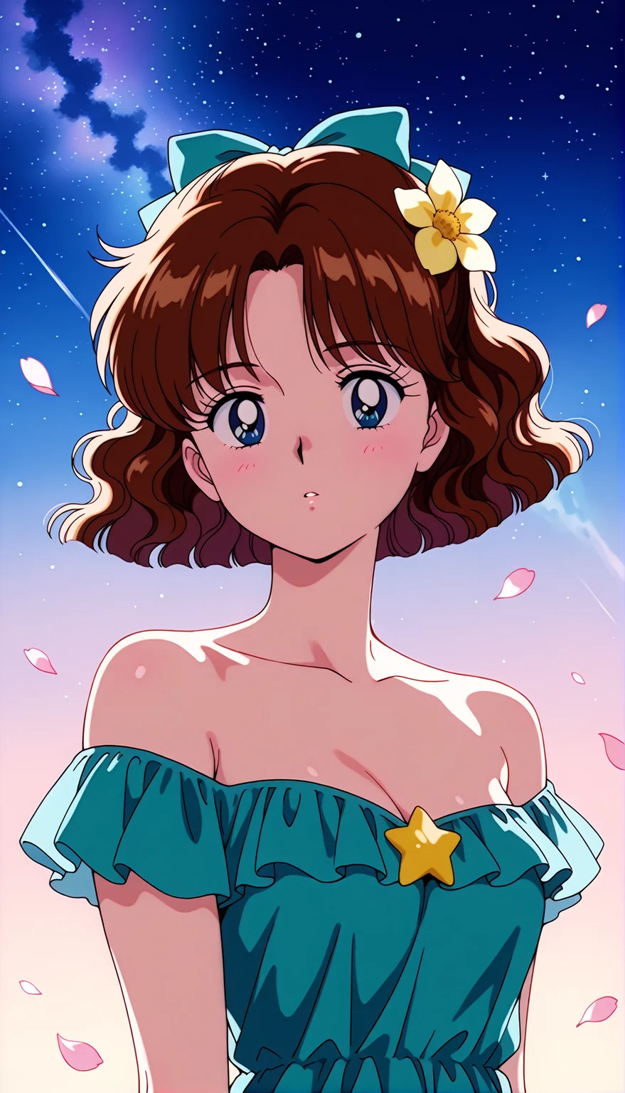 masterpiece,best quality,amazing quality,1990s \(style\),OsakaNaru ill,1girl,solo,blue eyes,short hair,brown hair,hair bow,flower,hair ornament,dress,hair flower,looking at viewer,star (symbol),star (sky),bare shoulders,parted lips,bangs,petals,upper body,off-shoulder dress,starry sky,sky,<lora:OsakaNaru ill:0.8>,