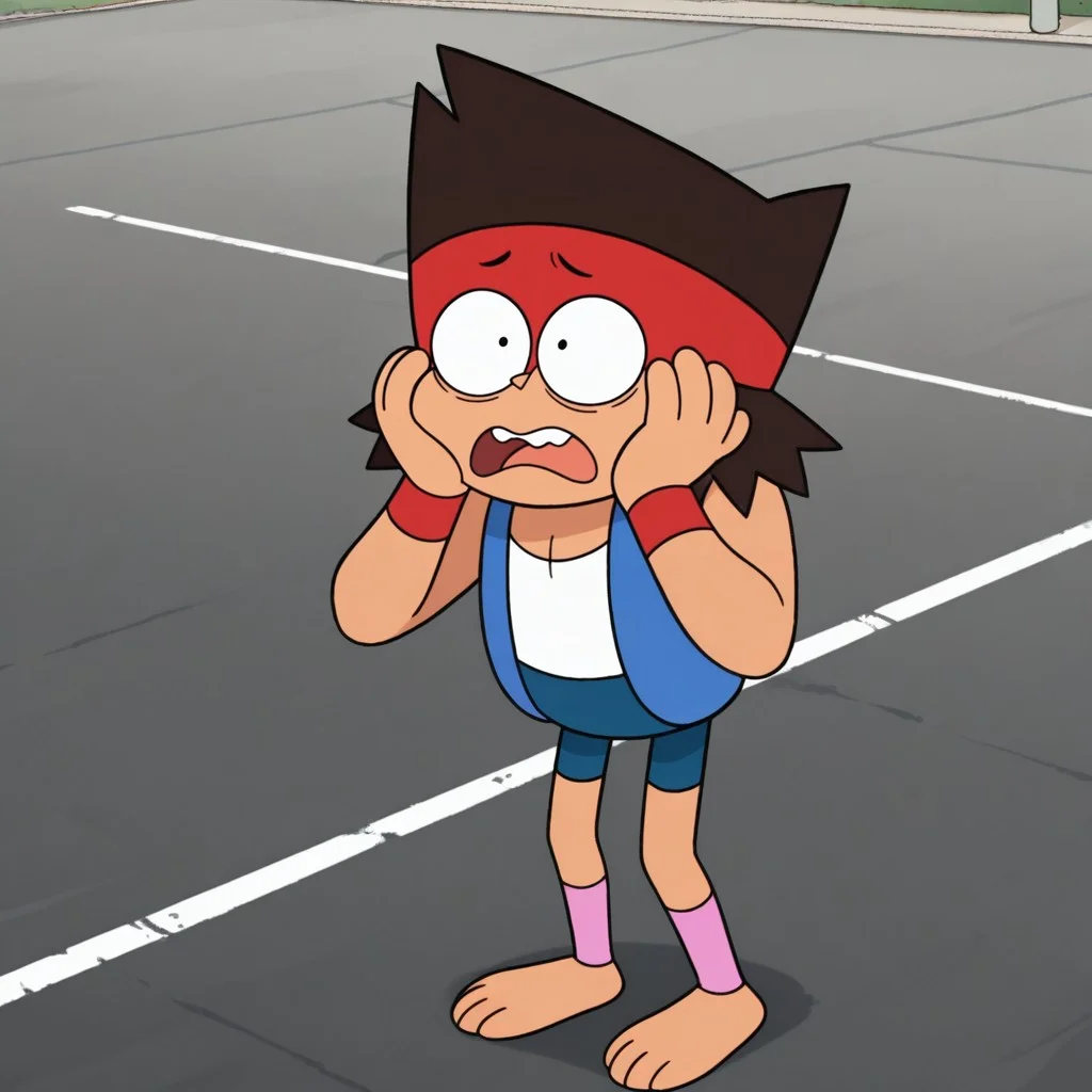 masterpiece, best quality, amazing quality, kaiok, male, human, young, solo, tan skin, brown hair, black eyes, barefoot, short, red headband, red wristbands, blue sleeveless jacket, white tank top, blue shorts, pink legwarmers, shocked, wide-eyed, hands on face,
outdoors, parking lot