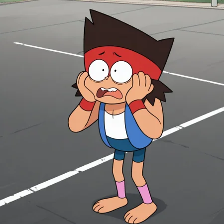 masterpiece, best quality, amazing quality, kaiok, male, human, young, solo, tan skin, brown hair, black eyes, barefoot, short, red headband, red wristbands, blue sleeveless jacket, white tank top, blue shorts, pink legwarmers, shocked, wide-eyed, hands on face, 
outdoors, parking lot