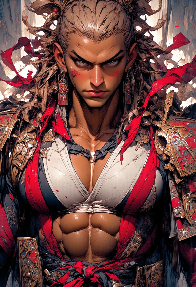 oil painting, rough, textural, broad brush strokes, portrait of the most sexy Japanese samurai woman, chest focus, best quality, masterpiece, 8k, highly detailed, beautiful,  red lips, wear red and white traditional armour, (armour:1.5), (huge breasts: 2.0), Slicked-back long hair, sidelocks, long mismatched earrings, with a katana in hand, mythp0rt,