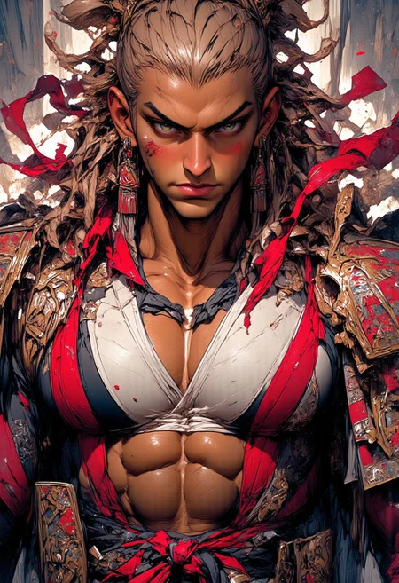 oil painting, rough, textural, broad brush strokes, portrait of the most sexy Japanese samurai woman, chest focus, best quality, masterpiece, 8k, highly detailed, beautiful, red lips, wear red and white traditional armour, (armour:1.5), (huge breasts: 2.0), Slicked-back long hair, sidelocks, long mismatched earrings, with a katana in hand, mythp0rt,