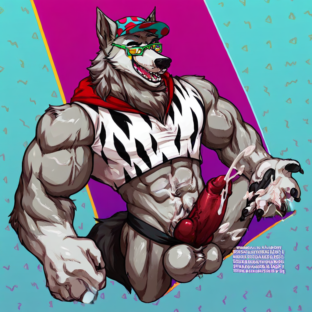 muscular arms, cum shot, male anthro, nsfw art, dog feet, Two toned fur, 80s style hat, 80s style background, anthro male, cum strings, solo, penis over clothing, Zebra print shirt, dashing looks, , lots of genital fur, reaching out for viewer, furry body, extreme muscle details, blue wall, Penis, cumshot, very detailed abs, visible teeth, red hoody, lying down, looking back at viewer, lowering sun glasses, Pulling down thong, cum, detailed abs, open mouth, portrait