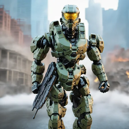 Halo1024, a robot soldier, full body, war , post apocalyptic city, highly detailed, photography, ultra sharp, film, bokeh, professional, 64k <lora:Halo1024:0.8>