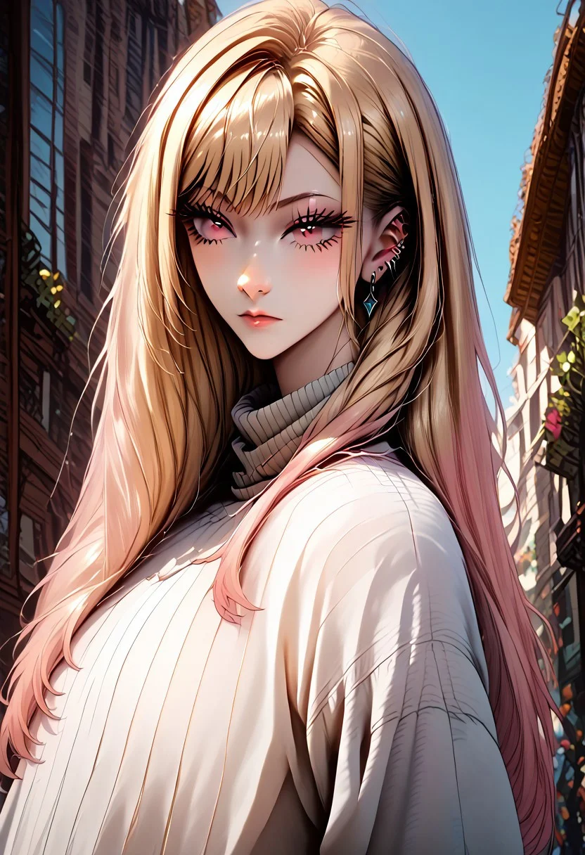 source_anime, score_9, score_8_up, score_7_up, score_6_up, high quality,(best quality:1.1), 4k, 8k, masterpiece, intricate_details_xl, GotExpressCinematic, KJOmarin, blonde hair, long hair, pink eyes, earrings, ear piercing, multicolored hair, virgin destroyer sweater