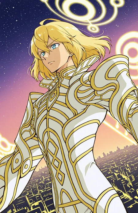 zanza_outfit, zanza_halo,
zanza,
close-up, upper body, dynamic angle,
1boy, solo,
dynamic pose,
fighting stance, 
anime style,
detailed landscape, cityscape, perspective, cinematic lighting, starry sky, gradient sky,
<lora:[Char - IL] Xenoblade - Zanza [+Clothes] (R1E14):1>