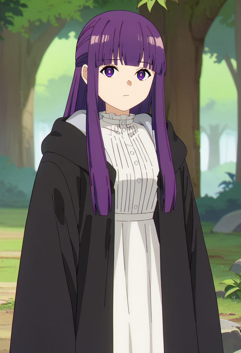 score_9, score_8_up, score_7_up,
<lora:SousouNoFrieren_FernXL:0.9>, FernSSnF,
1girl, solo, closed mouth,
purple hair, long hair, purple eyes, bright pupils, blunt bangs,
FernCasual,  white dress, black robe, open clothes, hood, frilled collar, 
standing, looking at the viewer,
fantasy, medieval, photo background, forest, tree, moss, stream, stone, leaf, maple tree, grass, nature, blurry background