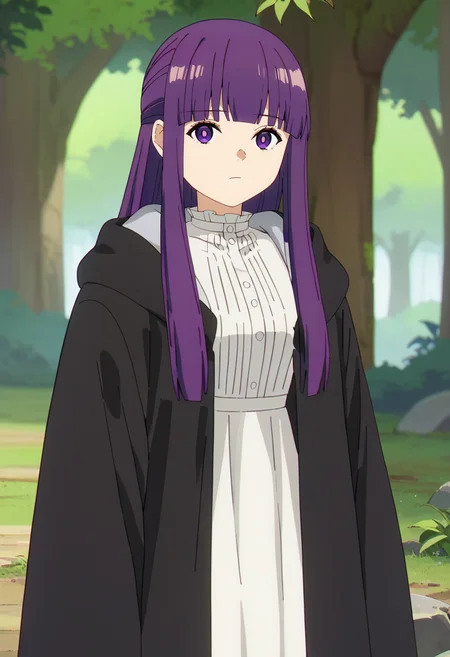 score_9, score_8_up, score_7_up,
<lora:SousouNoFrieren_FernXL:0.9>, FernSSnF,
1girl, solo, closed mouth,
purple hair, long hair, purple eyes, bright pupils, blunt bangs,
FernCasual, white dress, black robe, open clothes, hood, frilled collar,
standing, looking at the viewer,
fantasy, medieval, photo background, forest, tree, moss, stream, stone, leaf, maple tree, grass, nature, blurry background