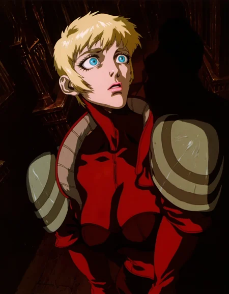best quality, highres, absurdres, (traditional media, refined digital media \(artwork\):0.6), masterpiece, anime screenshot, 1990s (style),
(JJFrenchie/Joel Jurion,(artist: xxoom:0.5), (artist: incase:0.6), artist: sabu \(sabudenego\),universal portrait, angle, dynamic, perspective, solo,
1girl, leila marcus \(vampire hunter d\) , shoulder armor,
blue eyes, wide open eyes , eyelashes,medium breasts, pink lips,medium blonde hair) head turned to the side, red armor, shadow, lighting,
dark theme, indoors, church interior,
<lora:Vampire Hunter D Illustrious-step00000700:0.9>