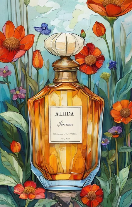 masterpiece,best quality,<lora:tbh256-sdxl:0.9>,illustration,style of Alida Akers A bottle of perfume in garden
