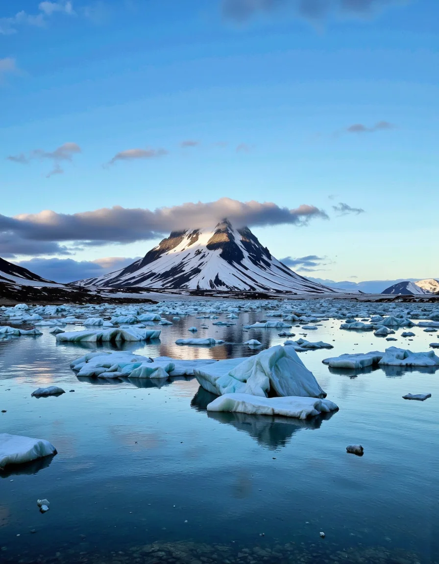 By Maria Isabel Ruiz. A photograph of icebergs floating on the surface of a large body of water with a mountain in the background, under a cloudy sky. the mountain is covered in snow and has a snow-capped peak, with a few patches of grey clouds scattered across it. the water is a deep blue, reflecting the sky and the surrounding landscape. the sky is a clear blue, with no clouds in sight, and the mountains are visible in the distance. the icebergs are scattered across the water's surface, with some partially submerged and some floating, creating a sense of depth and movement. the overall mood of the image is peaceful and serene, with the mountain standing out against the calm blue of the water.