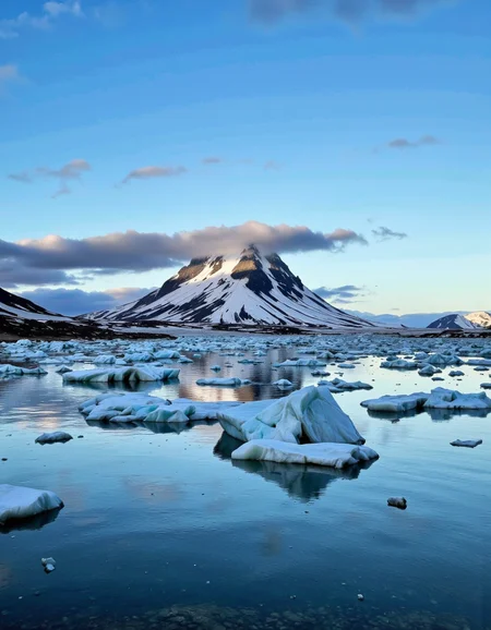 By Maria Isabel Ruiz. A photograph of icebergs floating on the surface of a large body of water with a mountain in the background, under a cloudy sky. the mountain is covered in snow and has a snow-capped peak, with a few patches of grey clouds scattered across it. the water is a deep blue, reflecting the sky and the surrounding landscape. the sky is a clear blue, with no clouds in sight, and the mountains are visible in the distance. the icebergs are scattered across the water's surface, with some partially submerged and some floating, creating a sense of depth and movement. the overall mood of the image is peaceful and serene, with the mountain standing out against the calm blue of the water.