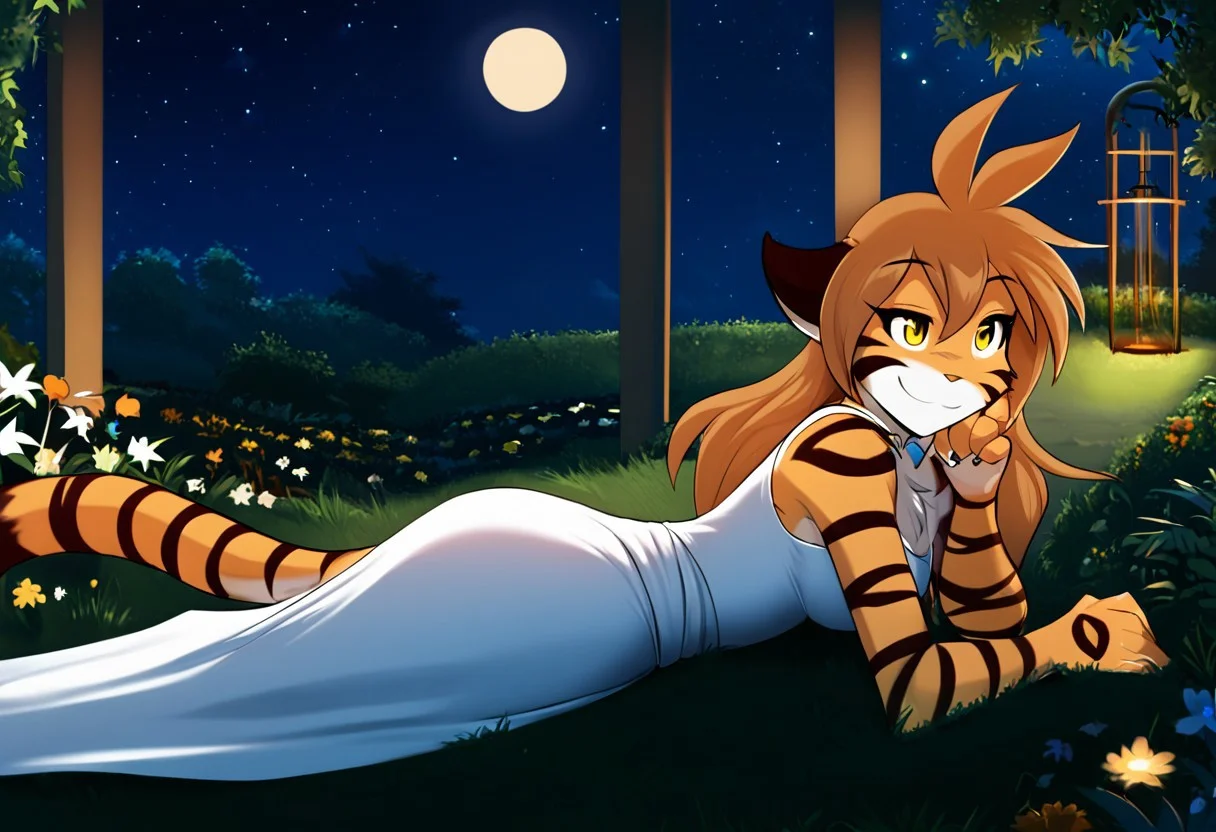 score_9, score_8_up, score_7_up, 1girl, medium breasts, finger claws BREAK <lora:Flora-Twokinds-SDXL-AnonTK-V3:0.8>, flora-twokinds, keidran, mammal, tiger tail, yellow eyes, smile, white dress, laying on grass and looking on stars, smile, garden, night, full moon, side view, stars, detailed background, lanterns