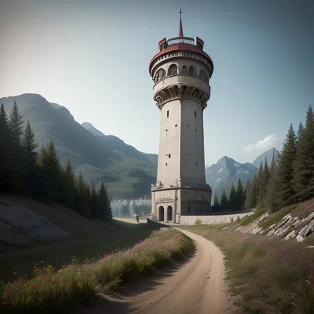 realistic analog photo, award winning photo, vary wide shot of (authoritarian) Cement:1.3 witow (Military watchtower):1.3, fort, building, scenery, dirt path, (on a hilltop), nature, outdoors, RAW, highres, 8k, uhd, High Dynamic Range, tonemapping, crisp details,