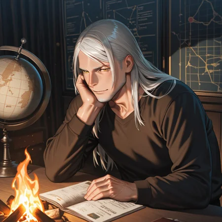 masterpiece, best quality, amazing quality, absurdres, newest, detailed background, definition so sharp, Ultra-HD, 8K cinematic, very awa, impressionate, amazing quality, highres, 
solo, male focus, manly, shadow, shiny skin, mature male, extream close-up, soft coloring,
mitsuhisahachiya, mitsuhisa_grey hair, mitsuhisa_yellow eyes, 1boy, long hair, scar across eyebrow, traveler, storyteller, experienced_man, passport, globe, old_maps, campfire, foreign_city, cultural_exchange, engaging_smile, wise_eyes, comfortable_clothing, warm_atmosphere, listening_audience