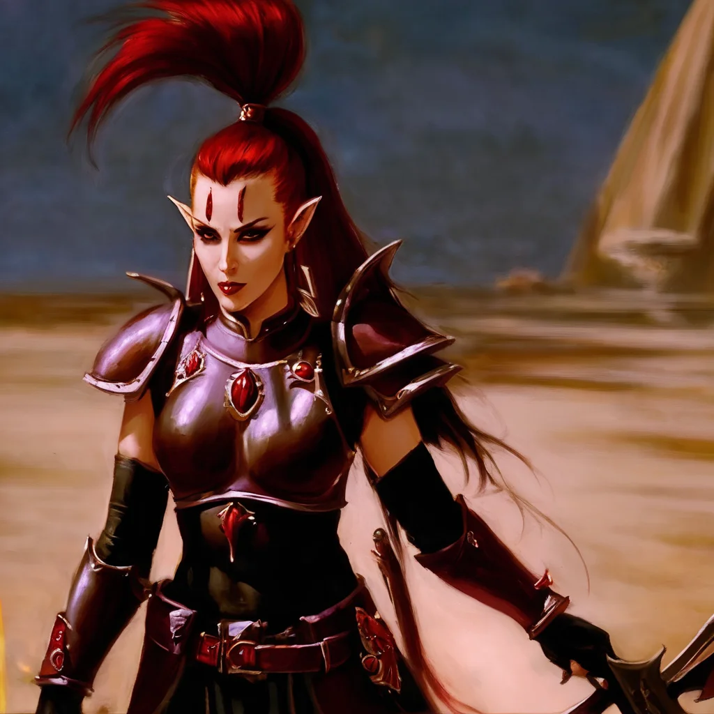 <lora:aeldari_xl_4:1> aeldari, drukhari, 1girl, solo, long hair, smile, hair ornament, ponytail, weapon, red hair, pointy ears, sword, hand on hip, blood, makeup, knife, lipstick, shoulder armor, pauldrons, breastplate, blood on face, dagger, blood on weapon, armor, drukhari's armor