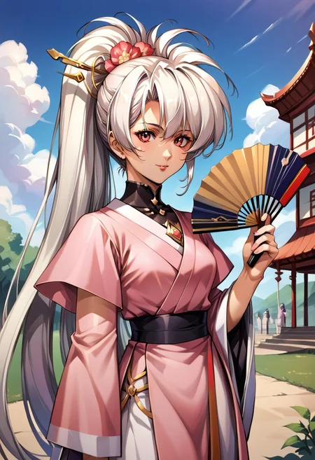 (score_9,score_8_up,score_7_up,source_anime,(masterpiece:1.2),best quality,very aesthetic,public indecency,absurdres),masterpiece,best quality,very aesthetic,fantasy,absurdres,1girl,solo, ,Luna,white hair, ponytail, , very long hair lora:Fixhands_anime_bdsqlsz_V1:1> junihitoe kimono, 1girl, solo, hand fan, egasumi, looking at viewer, folding fan, holding, holding fan, pink kimono, floral print, sleeves past wrists, hime cut, masterpiece,best quality, very aesthetic, absurdres, ultra detailed, high resolution, 4k, extremely detailed CG,