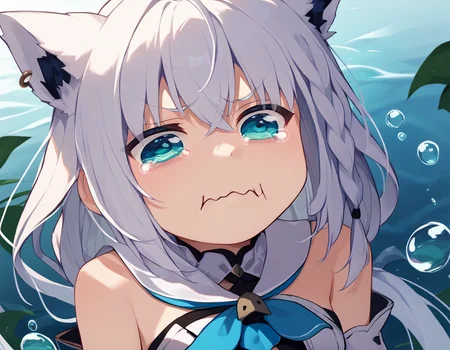 score_9, score_8_up, score_7_up, source_anime, solo, 1girl, fubukibase, aquacrying, wavy mouth, closed mouth, tearing up, white blouse, blue neckerchief, white hair, single side braid, ahoge, piercing, bare shoulders <lora:concept_aquacrying_ponyXL:1> <lora:fubukiXL:1>