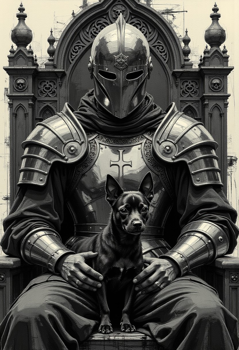 A digital painting blending vantablack and colored sketch in the style of ck-ccd, Albert Bierstadt-inspired, Gothic-themed. A Knight Templar sits in extreme close-up, positioned regally on an intricate Gothic throne. His finely crafted plate armor is engraved with etched patterns of swirling vines and sacred crosses across the chest plate, shoulder guards, and great helm. He exudes enigmatic authority, draped in a flowing black robe with heavy textured folds over cold, polished steel. Resting calmly in his lap is a pure black Affenpinscher, its coarse, wiry fur rendered with luminous softness, absorbing surrounding light with velvety density. The entire scene is monochromatic, rich in black and gray tones, with the dog blending seamlessly into the knight’s shadowed silhouette. The throne features Gothic arches, angular spires, and skull motifs, framed by abstract smoky textures in layered shadows. Light and shadow dance across the armor’s surface, creating surreal tension between strength and vulnerability. The composition evokes haunting elegance and solemnity, merging power, loyalty, and medieval grandeur in a dynamic visual depth.