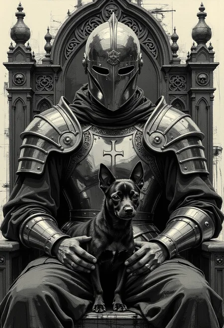 A digital painting blending vantablack and colored sketch in the style of ck-ccd, Albert Bierstadt-inspired, Gothic-themed. A Knight Templar sits in extreme close-up, positioned regally on an intricate Gothic throne. His finely crafted plate armor is engraved with etched patterns of swirling vines and sacred crosses across the chest plate, shoulder guards, and great helm. He exudes enigmatic authority, draped in a flowing black robe with heavy textured folds over cold, polished steel. Resting calmly in his lap is a pure black Affenpinscher, its coarse, wiry fur rendered with luminous softness, absorbing surrounding light with velvety density. The entire scene is monochromatic, rich in black and gray tones, with the dog blending seamlessly into the knight’s shadowed silhouette. The throne features Gothic arches, angular spires, and skull motifs, framed by abstract smoky textures in layered shadows. Light and shadow dance across the armor’s surface, creating surreal tension between strength and vulnerability. The composition evokes haunting elegance and solemnity, merging power, loyalty, and medieval grandeur in a dynamic visual depth.