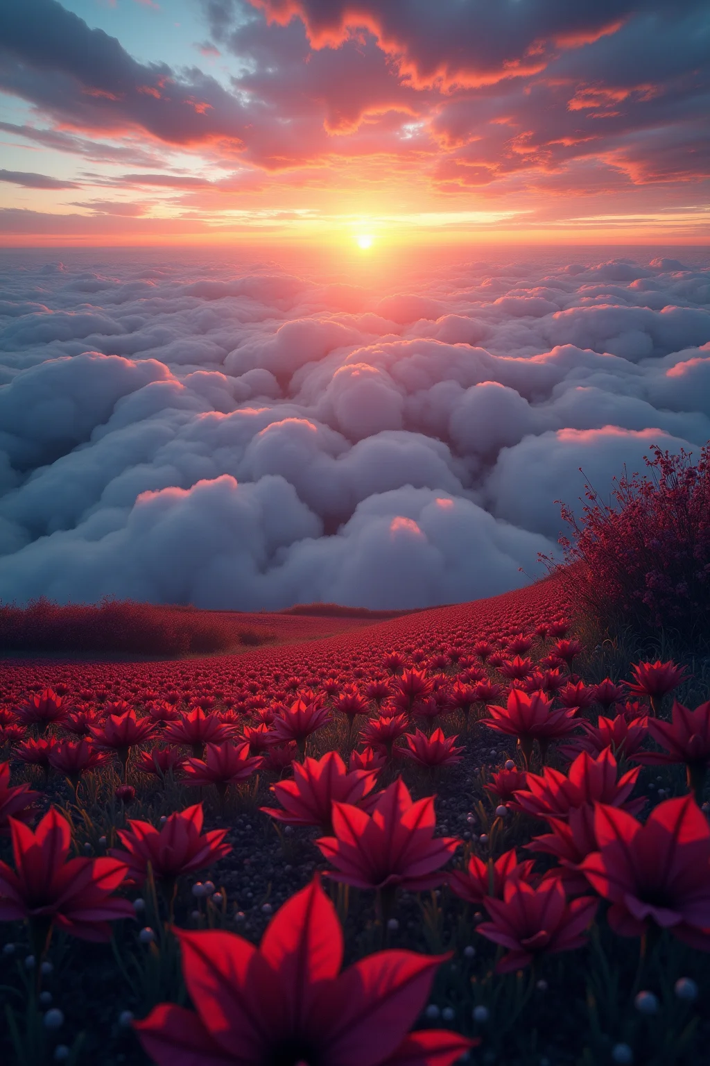 A breathtaking panorama captures the stunning visual splendour at sunset. From high above, a magnificent painting comes in all shades as we see its colorful form, filled with intricate patterns such as swirling clouds and fluffy white snow, to delicate soft waves lapping lazily on either edge of the sky. The petals and stems crimson,