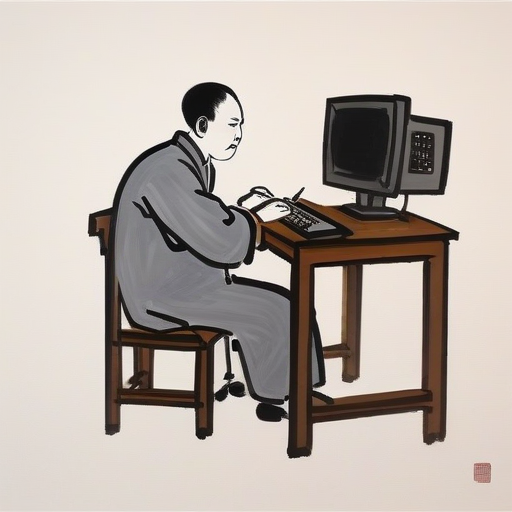<lora:feng_zikai_style:1> chinese painting of a man working on a computer, feng zika style