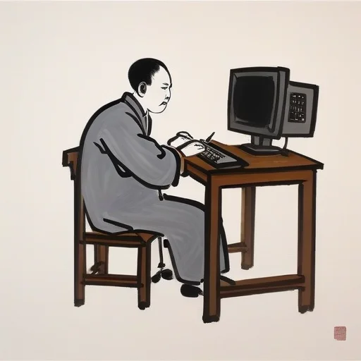 <lora:feng_zikai_style:1> chinese painting of a man working on a computer, feng zika style