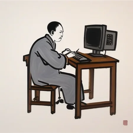 <lora:feng_zikai_style:1> chinese painting of a man working on a computer, feng zika style
