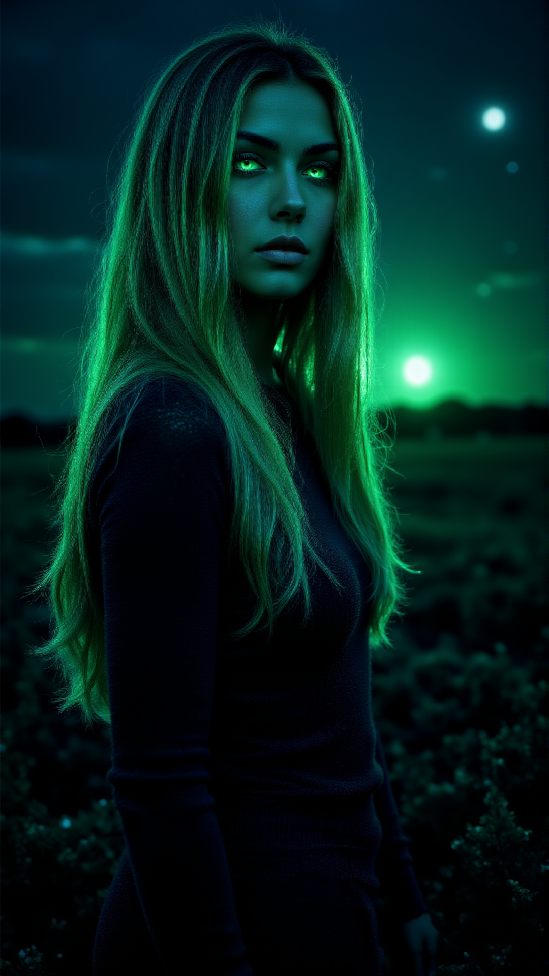 Infrared Photography, Beautifully Lit, A lone figure with long, Shag zebra print hair and piercing green eyes gazes intently at the camera. mug is setting behind them, casting a Ghostly dark green glow on the landscape. surreal design, detailmaximizer, midjourneyv6.1, aidmaglow