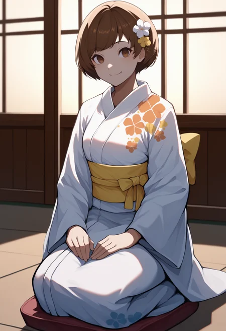 anime, masterpiece, best quality, newest, full body, solo, 1girl, ch1eyukata, smile, looking at viewer, seiza, hands on own thighs, short hair, brown hair, hair flower, brown eyes, japanese clothes, yukata, white kimono, floral print kimono, yellow sash, obi, long sleeves, wide sleeves, indoors, east asian architecture
<segment:yolo-Anzhc Face seg 640 v2 y8n.pt,0.4,0.5//cid=1>