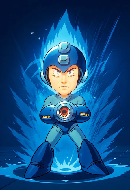 (Megaman, Rockman, gloves, boots, helmet, blue armor, arm cannon:1.1):1.1)(1boy, solo, facing viewer, , score_9, score_8_up, score_7_up, chibi, Ki Charge, aura, shooting stance, white aura, blue aura, arm raising, full body, zPDXL3 ,SimplePositiveXLv2, masterpiece, best quality, high res, illustration, extremely detailed, 8k, wallpaper, hud_c4ric4ture_Styl, chibi