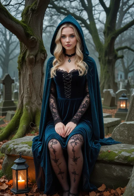 (medium full shot) of man, (desirable witch) young woman, british, bright blue eyes, light skin, tan skin, mint green eyes, normal build, blonde hair, wearing midnight blue lace dress with velvet bodice, hooded cowl, spidereweb stockings, velvet flats, potion vials filled with colorful liquids, set in graveyard, Resting Place of the Ancients, Ancient section with weathered gravestones dating back centuries, gnarled trees with twisted branches, thick blankets of moss covering everything, and an aura of solemnity and reverence , at night, woman smiling at the viewer, Masterpiece,best quality, photo, realistic, very aesthetic, detailed face,