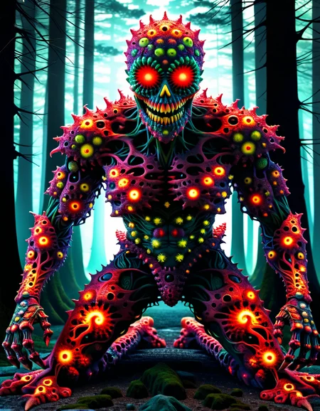 japanese cartoon style, dark forest, full body, dark desaturated green, deep blood red, rusty brown, (horrific shadow creature:1.25) with blacklight makeup, glowing eyes, yellow smile, (neon leds implanted in skin:1.25), perfect anatomy, horror, creepy, dark, eerie, menacing, supernatural, monster, nightmare, masterpiece, best quality, highly detailed, sharp focus, dynamic lighting, vivid colors, texture detail, particle effects, storytelling elements, narrative flair, 16k, UE5, HDR, subject-background isolation <lora:ral-mndlbrt:1> ral-mndlbrt