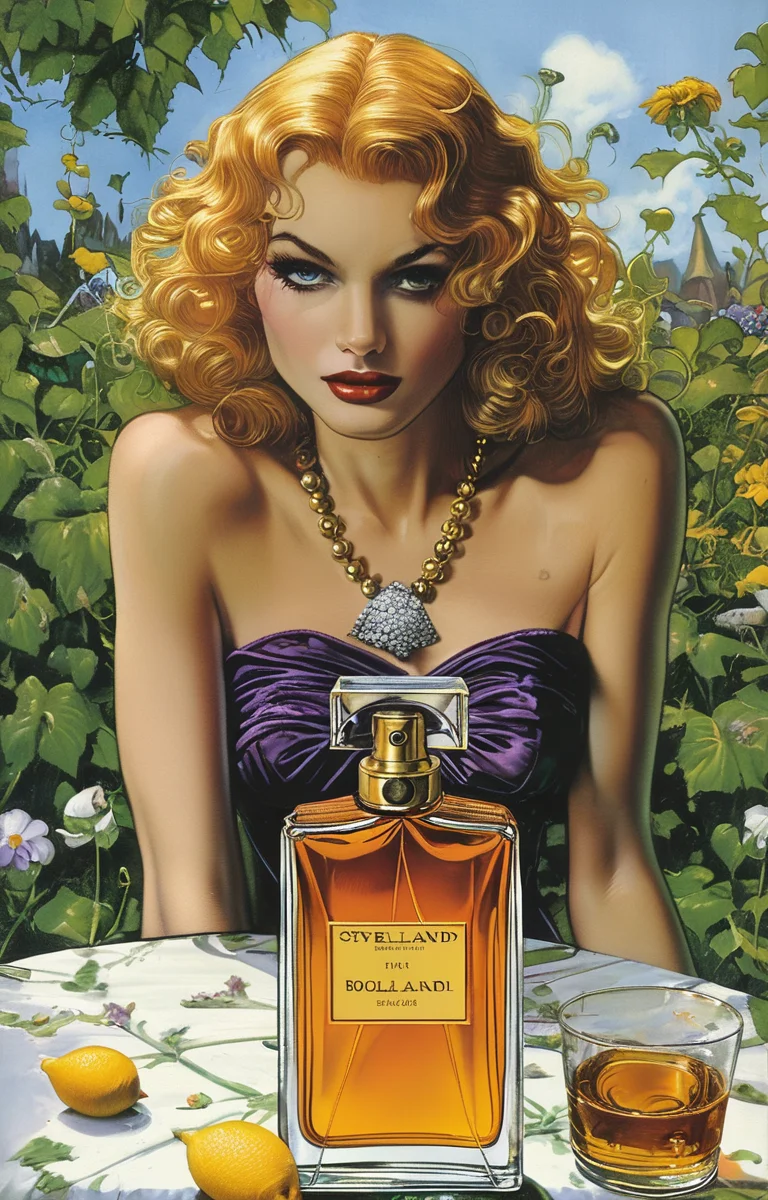 masterpiece,best quality,<lora:tbh232-sdxl:0.9>,illustration,style of Brian Bolland, A bottle of perfume in garden