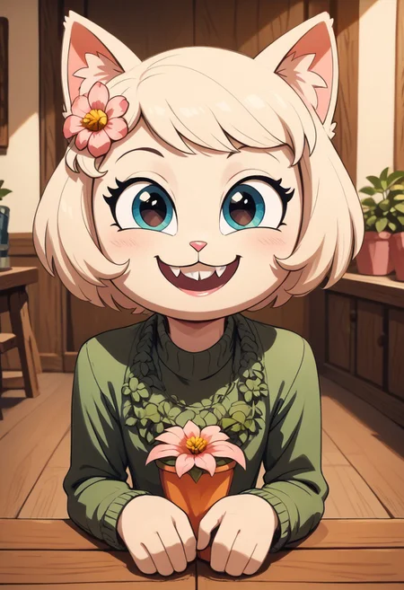 score_9, score_8_up, webby vanderquack is a silly cute cat made of flowers, teeth, teefs44, style of Rosina Wachtmeister