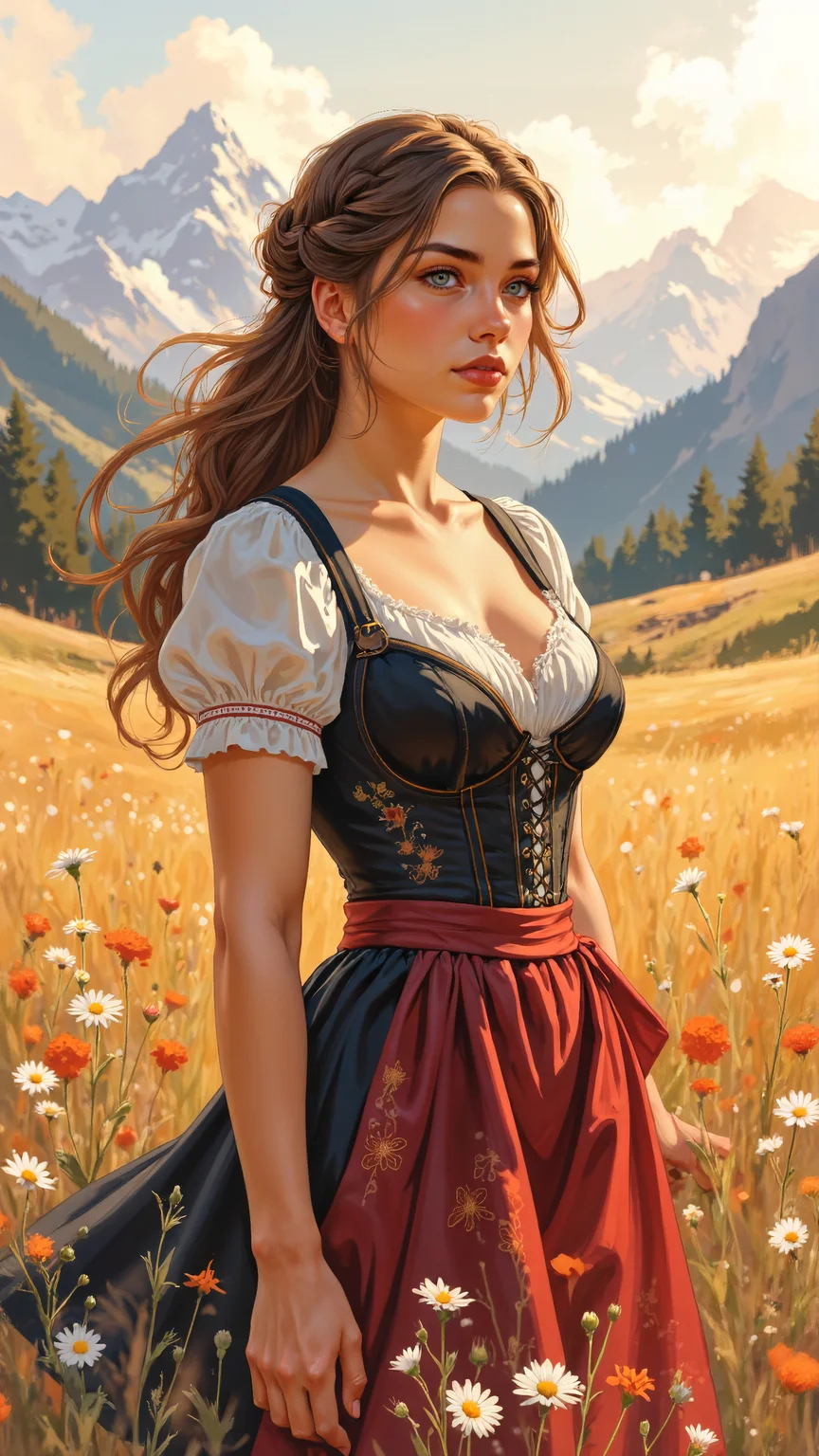 High-resolution anime-style illustration with impressionistic influences, a young woman standing in an alpine meadow, soft warm light filtering through the misty mountains. She wears a beautifully detailed dirndl with a corset, the embroidered fabric flowing around her as the breeze catches her skirt. Her long, chestnut-brown hair is styled into an intricate braided crown, loose strands framing her serene expression. A blurry foreground of wildflowers adds depth, vibrant colors blending into soft, painterly brushstrokes. The sky glows with warm pastels, distant peaks fading into atmospheric haze, creating a dreamlike, tranquil scene <lora:oilpaintzver5:0.8> <lora:ILLUSTRATION_(FLUX)_-_V3.1:0.4> <lora:Anime_v1.3:0.6>