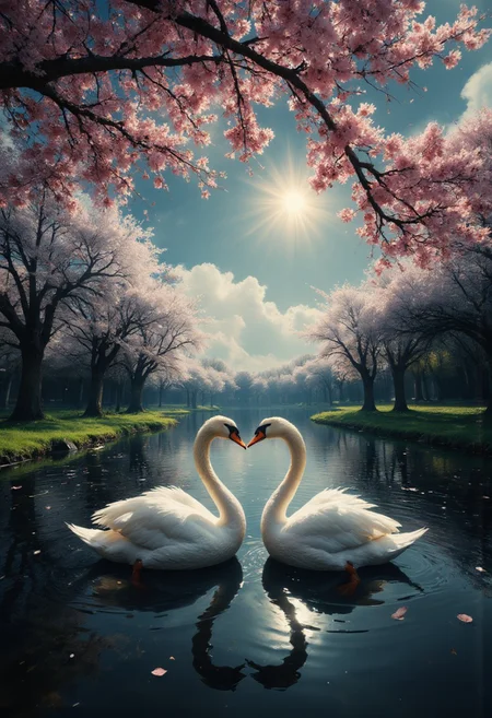 A striking photograph of two mute swans forming a heart shape beneath a canopy of blooming cherry blossoms, centrally framed with perfect symmetry. The luminous white birds stand out against the dark reflective lake, their feather details crisp under soft directional lighting that highlights their elegant curves. Delicate pink and white cherry blossoms cascade from above, their petals floating gently on the water's surface, creating a serene and romantic atmosphere. Warm tones dominate the scene, with vibrant pink hues complemented by soft green foliage and the inky waters below. Gentle ripples radiate outward from the swans, mirroring the blossoms and doubling the tranquil beauty of the setting. A manicured emerald lawn slopes gracefully to meet the lake's edge, while moody indigo clouds loom in the background, enhancing the glow of the blossoms through strategic chiaroscuro lighting. A subtle vignette draws focus to the swans' embrace, with ethereal lens flares adding a dreamlike quality to this idyllic springtime tableau. Enhanced color contrast, dramatic lighting, symmetrical composition, nature photography.