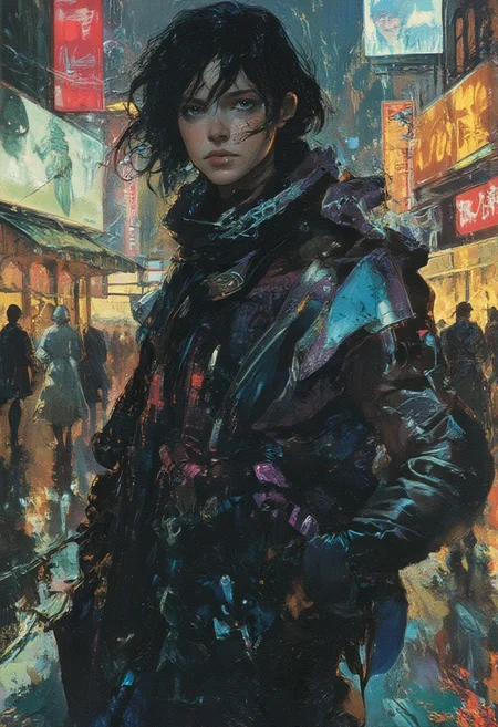 oil painting of HBClaflin style of hyper-realistic portrait of a female mercenary in a cyberpunk universe, exuding a cold determination and electrifying charisma. Half of her face is covered by a sleek cybernetic mask, leaving visible pale skin marked by seamlessly integrated tech implants. Her left eye is an advanced holographic scanner, projecting encrypted red neon data, while her right eye, piercing and metallic blue, scans the environment with intensity. Her short, asymmetrical hair is jet-black with glowing violet streaks that react to ambient light. She wears a reinforced leather jacket with embedded circuitry, and a compact combat drone rests on her shoulder, ready to execute her commands. The background showcases a rain-soaked cyberpunk metropolis, illuminated by flashing neon signs and animated advertisements in foreign languages. A light drizzle falls, creating dazzling reflections on her gear and the bustling city around her