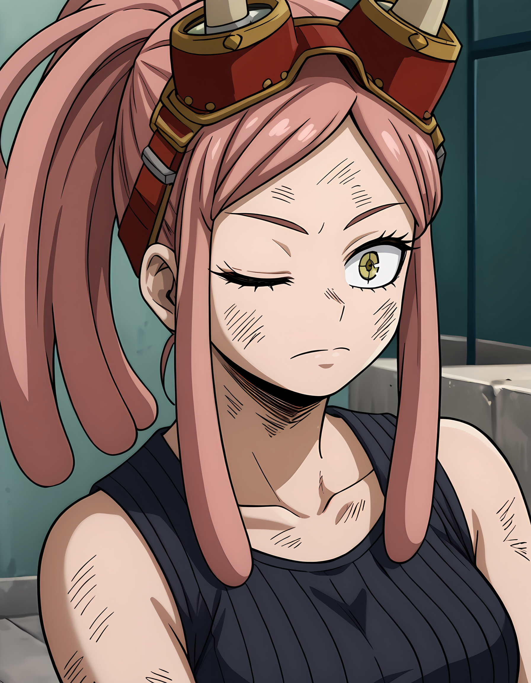 <lora:hatsume_mei:1>h4tsume-m3i , 1girl, goggles on head, one eye closed, black tank top, bare shoulders, horns, long hair, close-up, dirty face, sidelocks, closed mouth, collarbone, anime coloring, ponytail, portrait