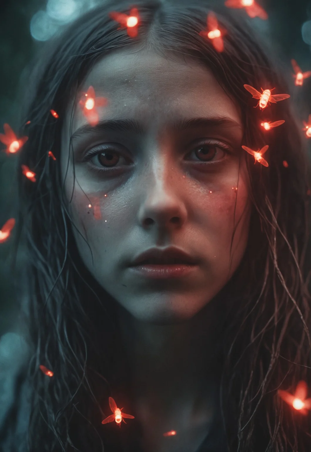 Film still, Close of a Dreamy and Otherworldly sad looking Girl’s Face, shiny Gray alien Skin, Glowing Red fireflies Around her, (monochromatic Muted Tones:1.2), Dreamy Ethereal Atmosphere, Atmospheric Glow, 35mm film, Film Grain, Cinematic