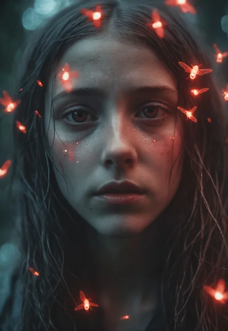Film still, Close of a Dreamy and Otherworldly sad looking Girl’s Face, shiny Gray alien Skin, Glowing Red fireflies Around her, (monochromatic Muted Tones:1.2), Dreamy Ethereal Atmosphere, Atmospheric Glow, 35mm film, Film Grain, Cinematic
