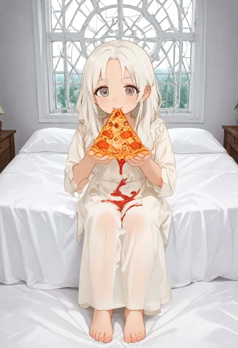 red slime girl ((eating pizza)) pizzasdx, looking at viewer (pizza melting:1.5) medieval bedroom background, masterpiece, full body sitting on bed, white bed, bed, white sheets, window, good light, perfect hands, good hands (hands on pizza) pizza